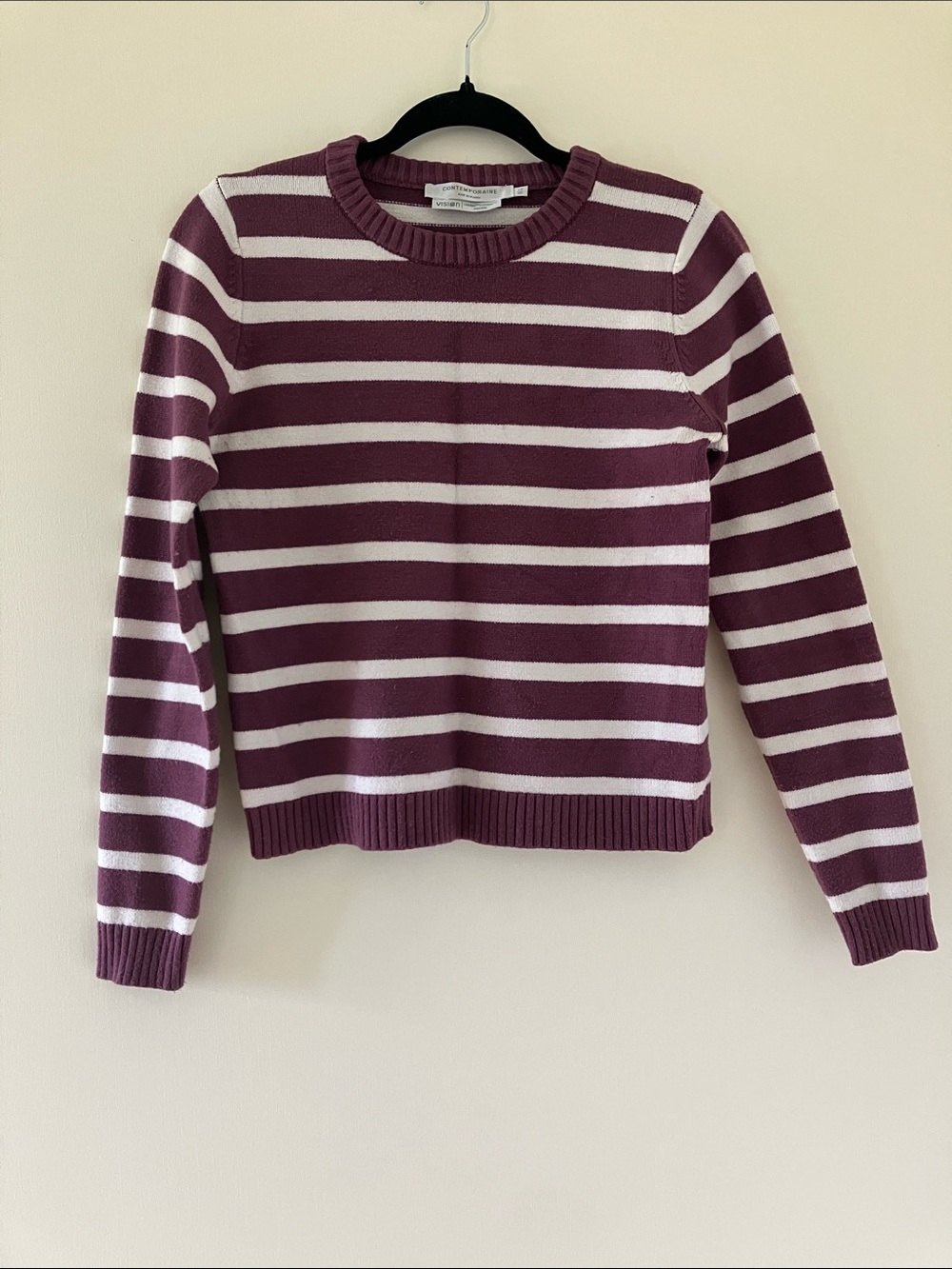 Simons Plum and White Striped Crewneck Sweater
